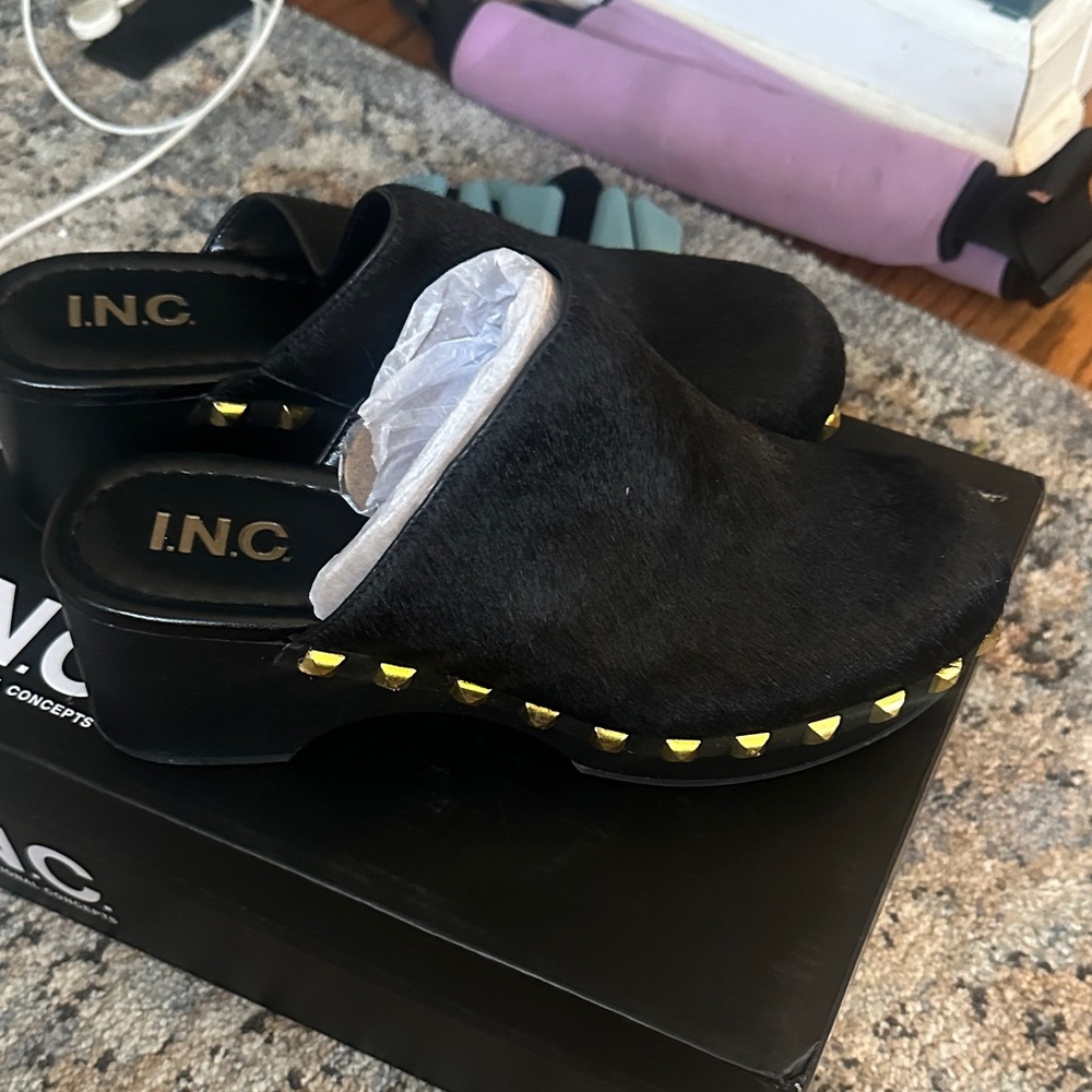 INC International Concepts Black Mules with Yellow Accents